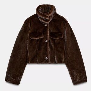 Cropped Faux Fur Jacket in Dark Brown